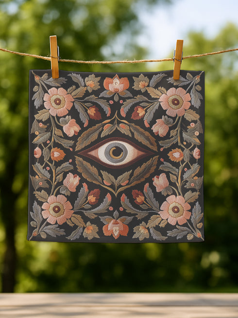 Set of four square black polyester cloth napkins featuring a central embroidered-style eye motif framed by floral and leaf patterns in autumnal tones of rust, ochre, and gold. The design is printed on one side, with a white reverse. Each napkin measures 18x18 inches.
